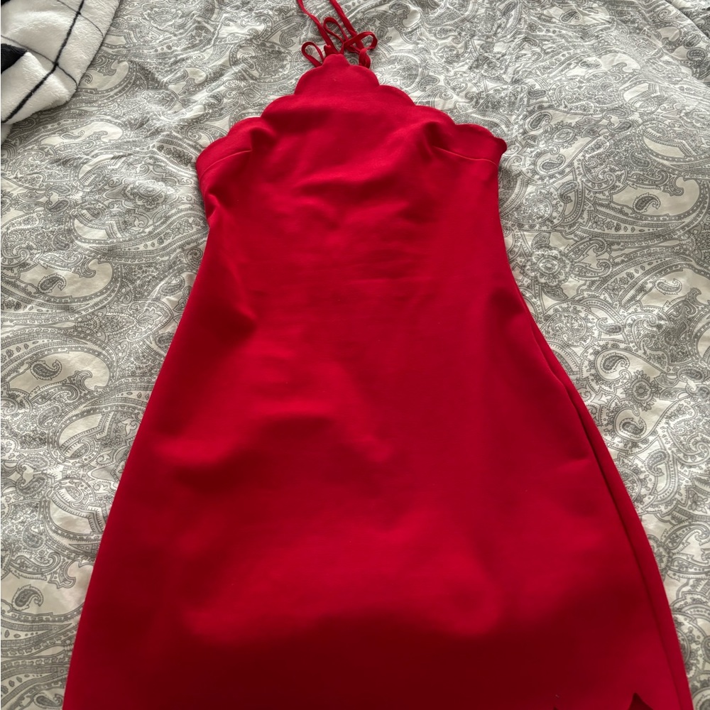 Red short dress with scallop detail